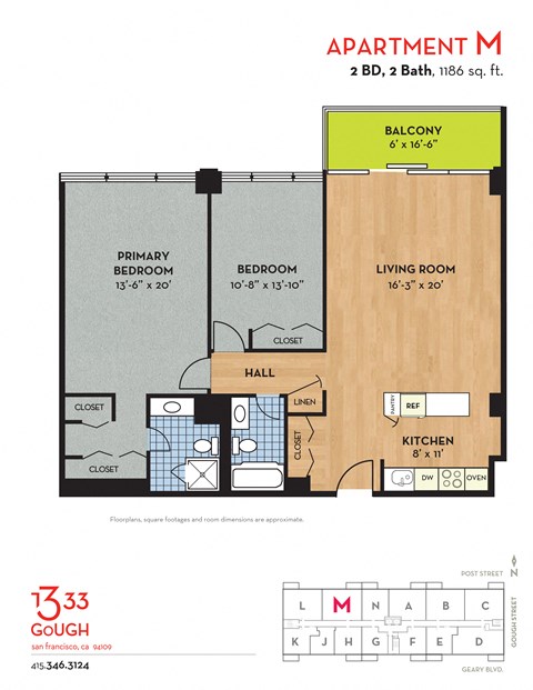 Floor plan for 2 beds, 2 baths, 1186 sqft